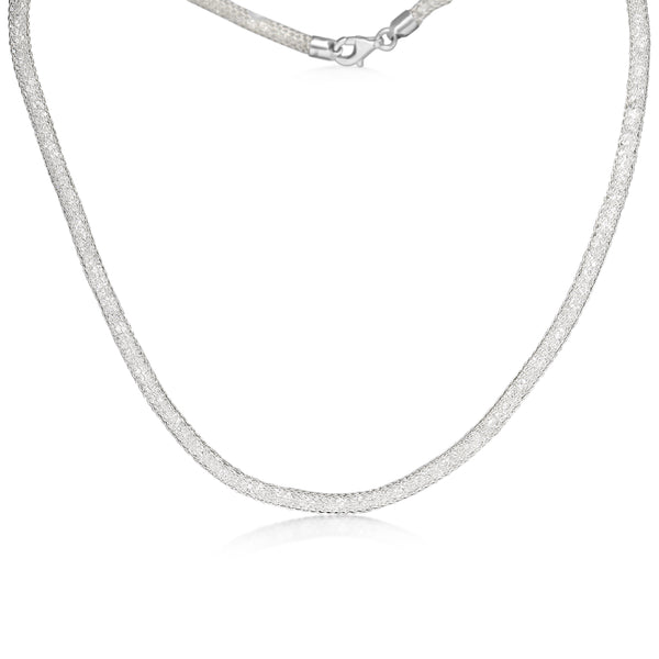 18ct White Gold Omega Style Mesh Wire Necklace Filled with Crystal