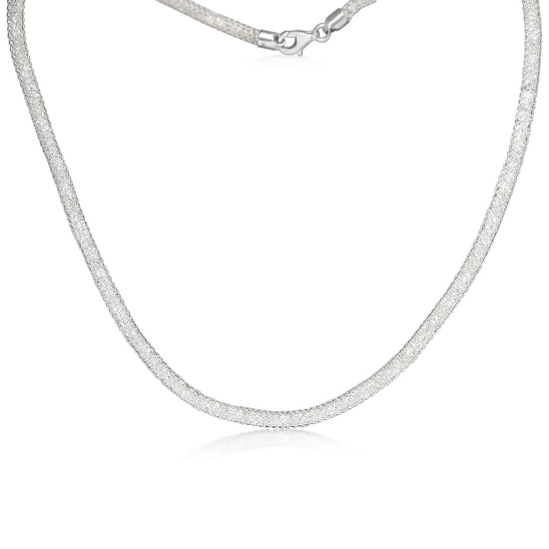18ct White Gold Omega Style Mesh Wire Necklace Filled with Crystal