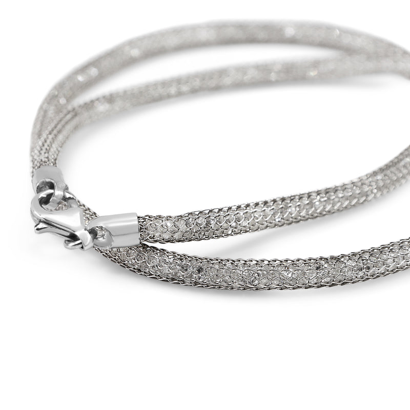 18ct White Gold Omega Style Mesh Wire Necklace Filled with Crystal