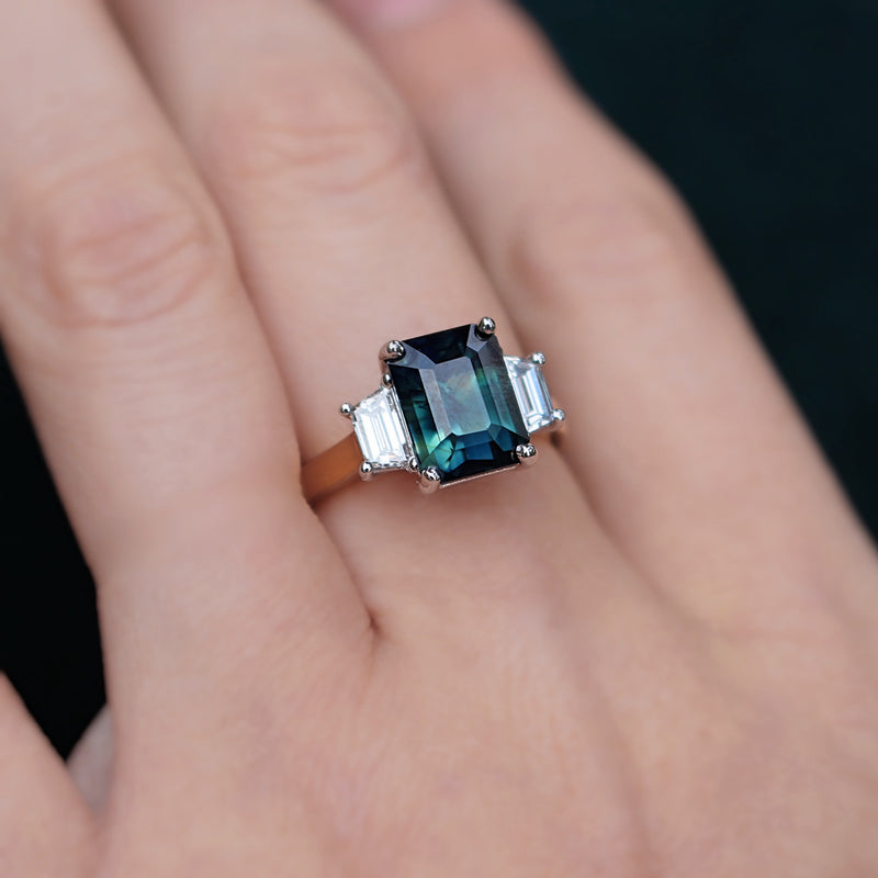 18ct Yellow and White Gold Teal/Parti Sapphire and Tapered Baguette Diamond 3 Stone Ring