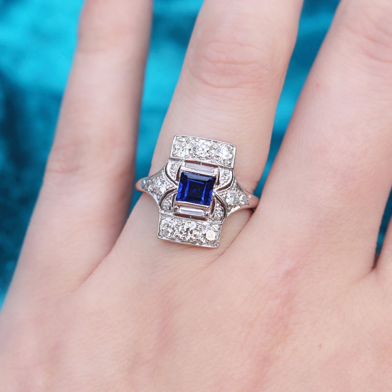 PLatinum Art Deco Sapphire and Old Cut Diamond Ring