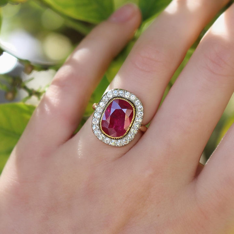 18ct Yellow and White Gold Antique Ruby and Diamond Halo Ring