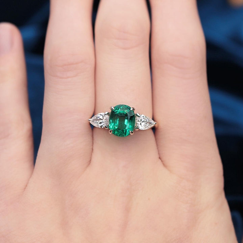 18ct Yellow and White Gold Emerald and Pear Shaped Diamond 3 Stone Ring