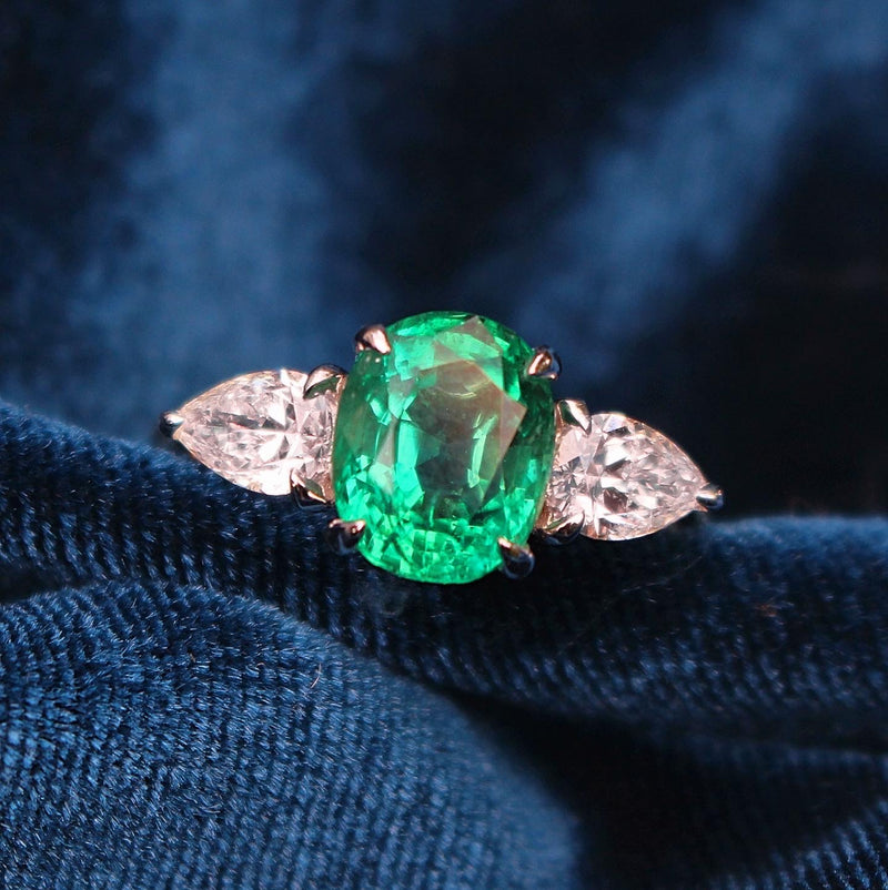 18ct Yellow and White Gold Emerald and Pear Shaped Diamond 3 Stone Ring