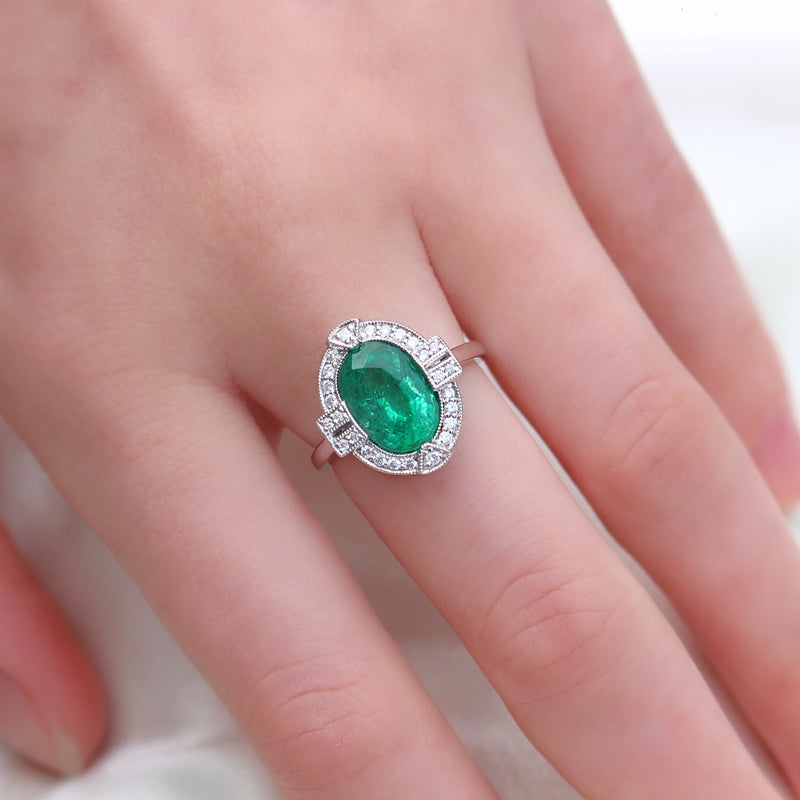 18ct White Gold Art Deco Style Emerald and Diamond Halo Ring