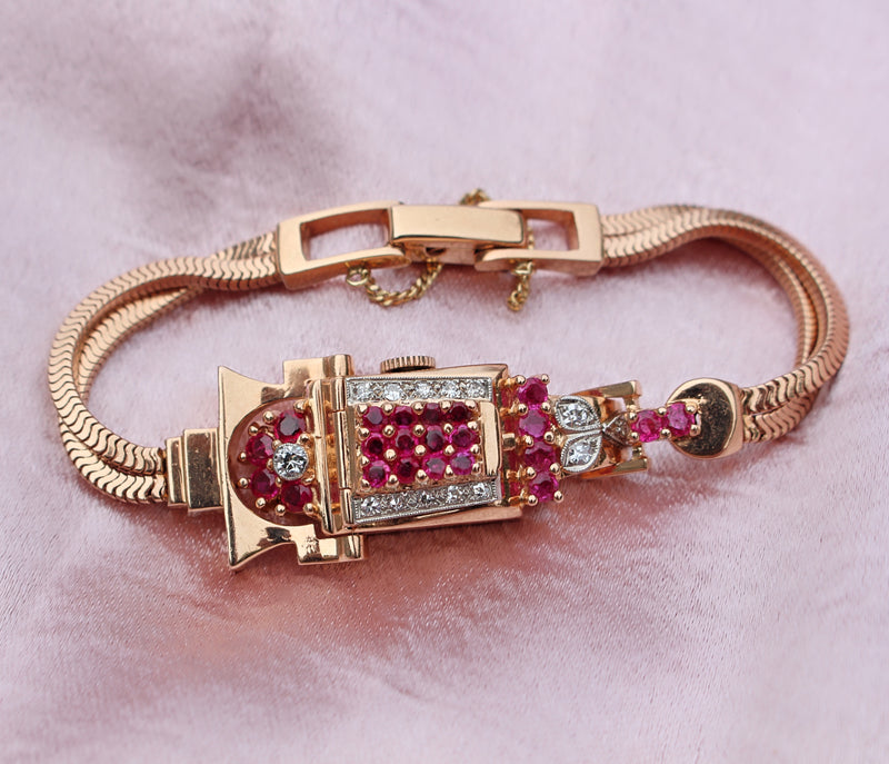 14ct Rose Gold Art Deco Ruby and Diamond Watch / Bracelet