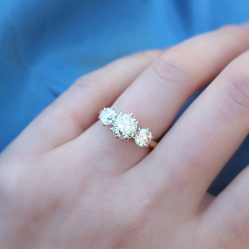 18ct Yellow and White Gold Victorian Style Old Cut Diamond 3 Stone Ring