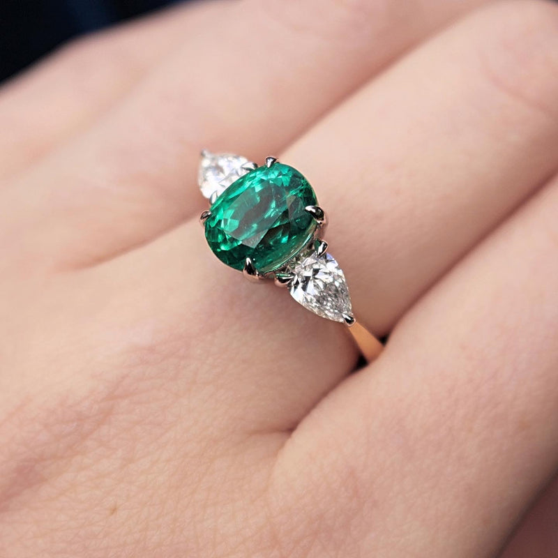 18ct Yellow and White Gold Emerald and Pear Shaped Diamond 3 Stone Ring