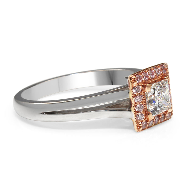 18ct White Gold White and Pink Diamond Halo Ring