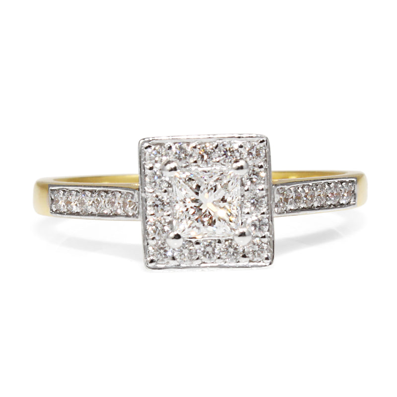 18ct Yellow and White Gold Square Halo Diamond Ring