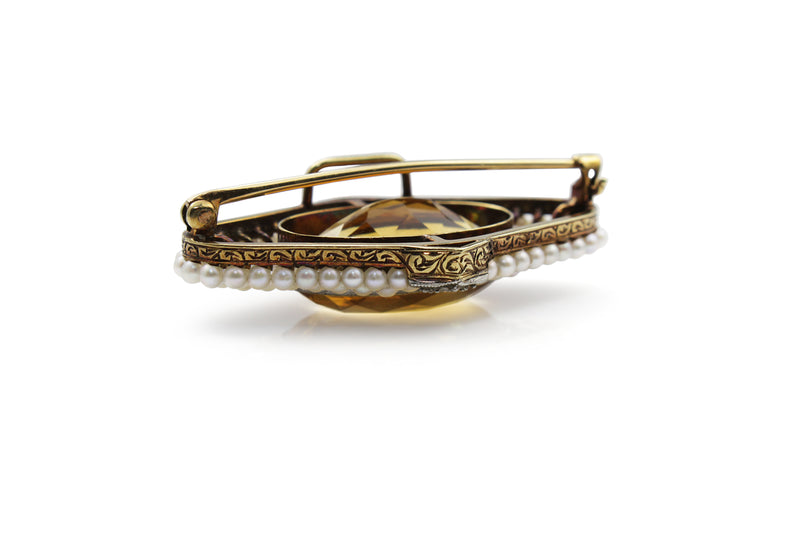 14ct Yellow and White Gold Antique Citrine and Pearl Brooch