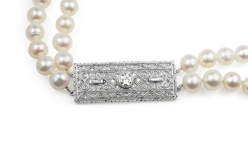 18ct White Gold Double Pearl Strand and Art Deco Diamond Clasp Necklace