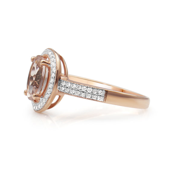 9ct Rose Gold Morganite and Diamond Halo Ring