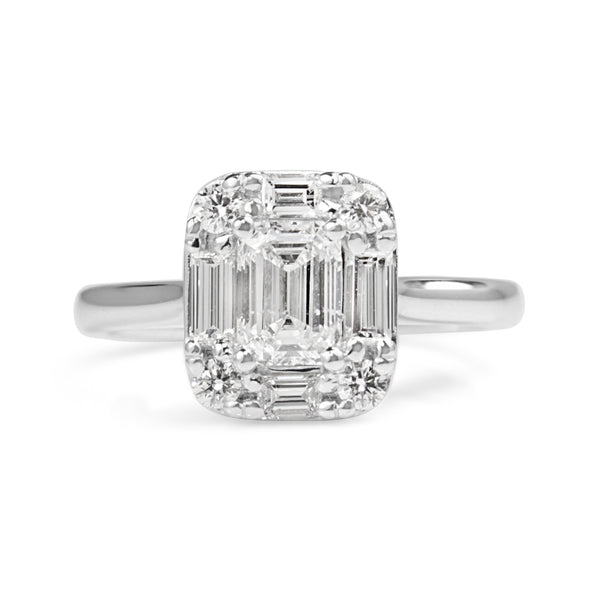 18ct White Gold Emerald Cut Diamond Halo Ring