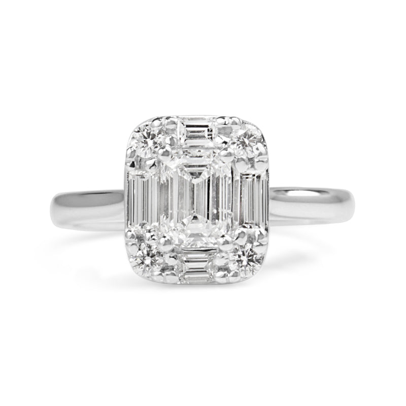 18ct White Gold Emerald Cut Diamond Halo Ring