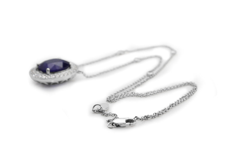 18ct White Gold Treated Sapphire and Diamond Halo Necklace