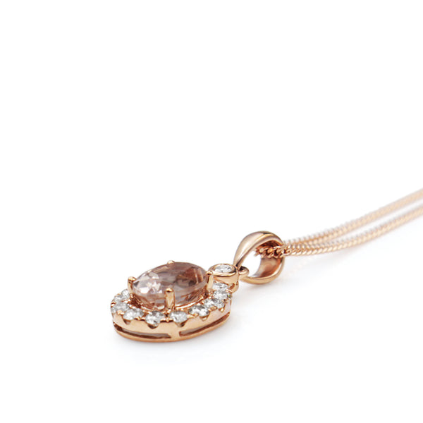 9ct Rose Gold Morganite and Diamond Halo Necklace