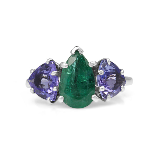Platinum Emerald and Tanzanite 3 Stone Ring