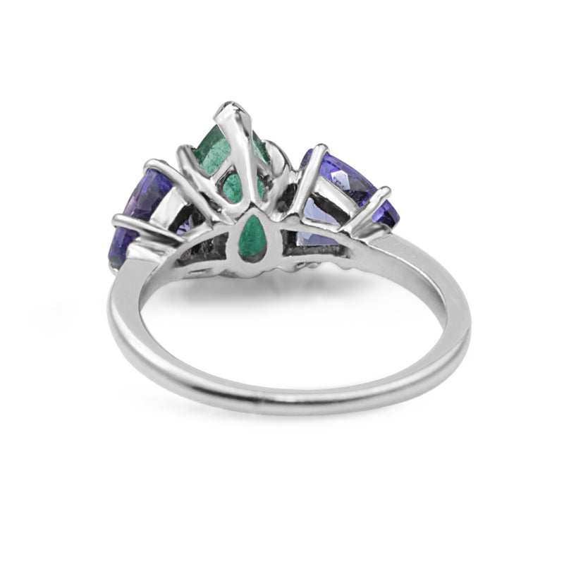 Platinum Emerald and Tanzanite 3 Stone Ring