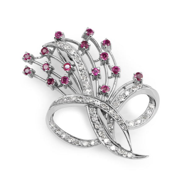 Palladium Ruby and Diamond Brooch