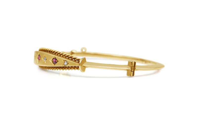9ct Rose Gold Antique Ruby and Old Cut Diamond Bangle