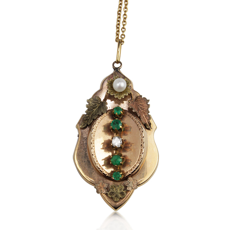 15ct Yellow/Rose Gold Antique French Emerald, Pearl and Diamond Necklace/Brooch
