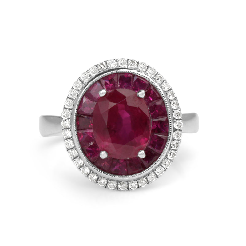 18ct White Gold Treated Ruby and Diamond Double Halo Ring