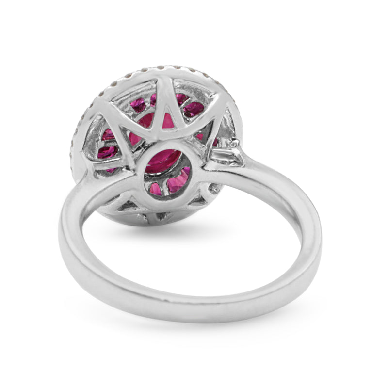 18ct White Gold Treated Ruby and Diamond Double Halo Ring