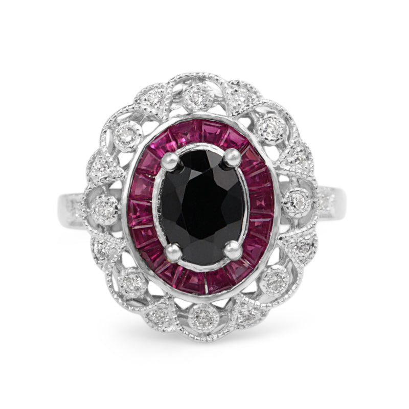 18ct White Gold Antique Style Ruby, Onyx and Diamond Ring