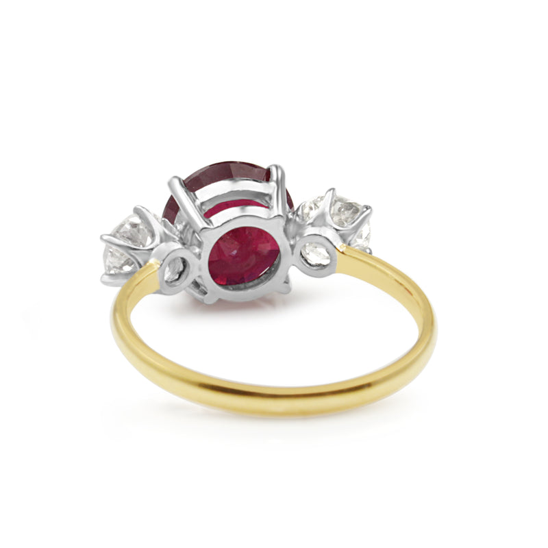18ct Yellow Gold and Platinum 3 Stone Treated Ruby and Diamond Ring