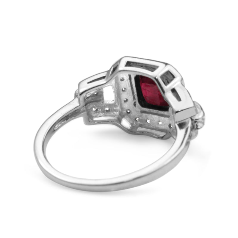 9ct White Gold Ruby and Diamond Art Deco Style Ring
