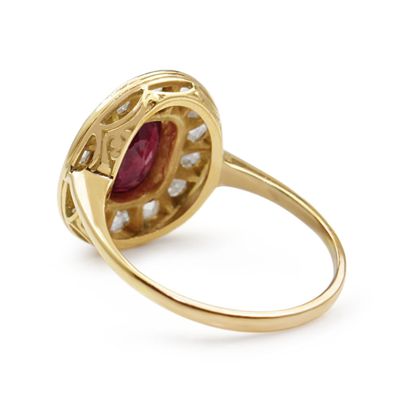 18ct Yellow and White Gold Antique Treated Ruby and Diamond Ring