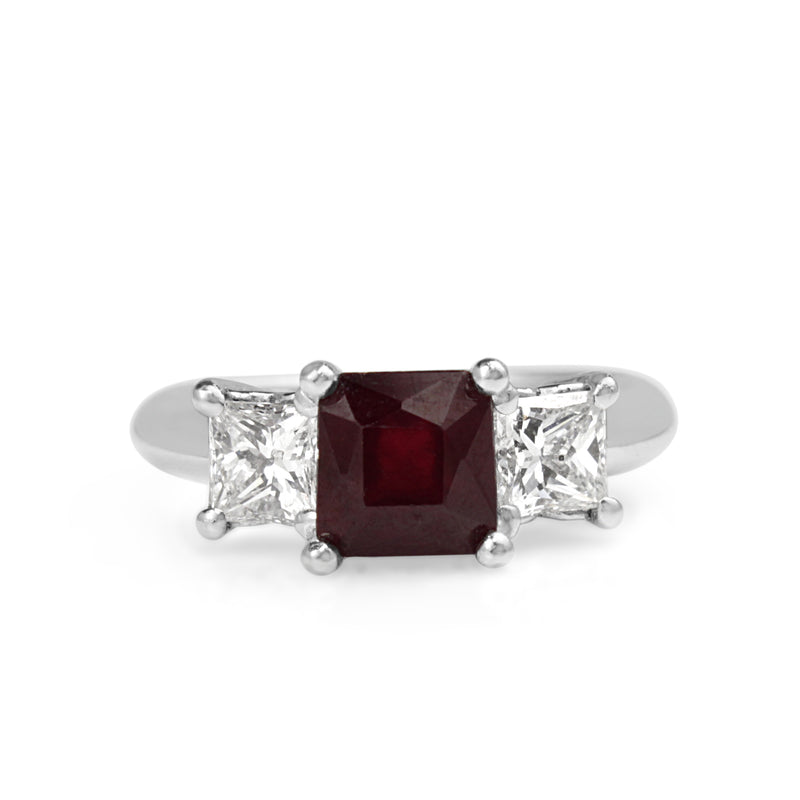 18ct White Gold Treated Ruby and Diamond 3 Stone Ring