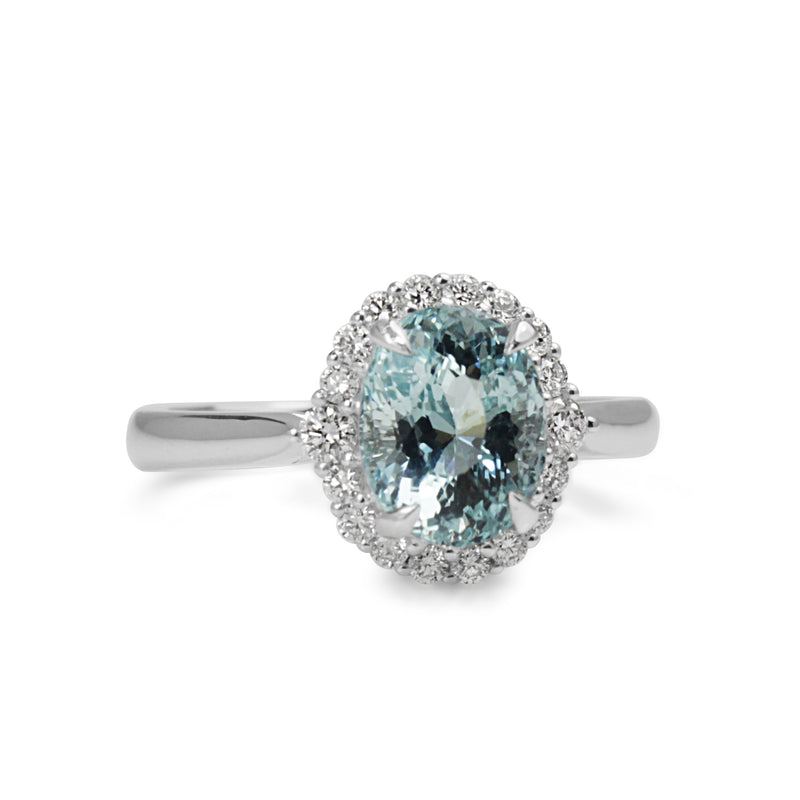 18ct White Gold Aquamarine and Diamond Halo Ring