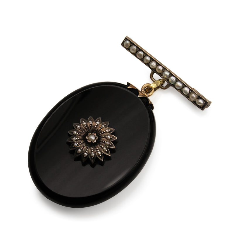14ct Yellow Gold Onyx and Pearl Antique Victorian Mourning Brooch with Glass Back
