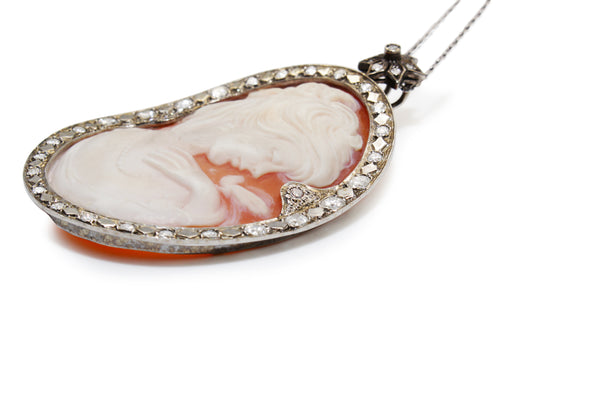14ct White Gold Vintage Cameo and Diamond Necklace