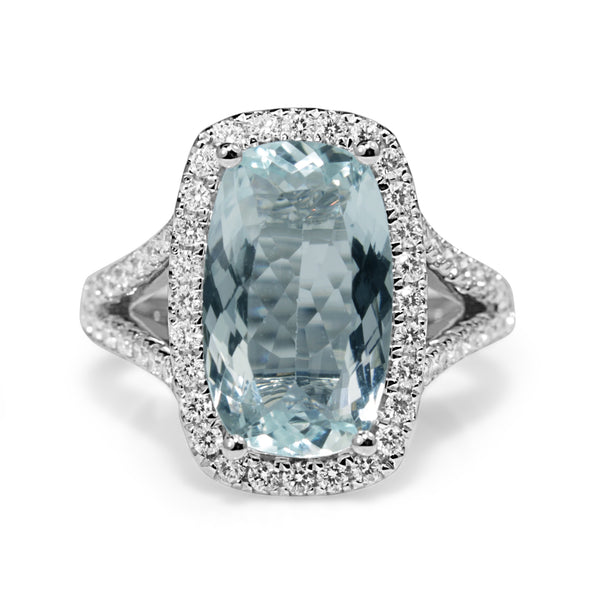 18ct White Gold Aquamarine and Diamond Halo Ring