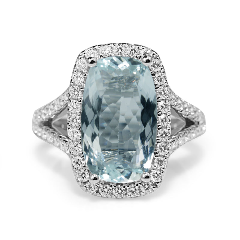 18ct White Gold Aquamarine and Diamond Halo Ring
