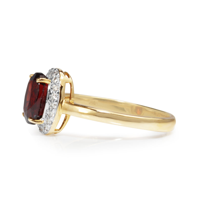 9ct Yellow and White Gold Garnet and Diamond Halo Ring