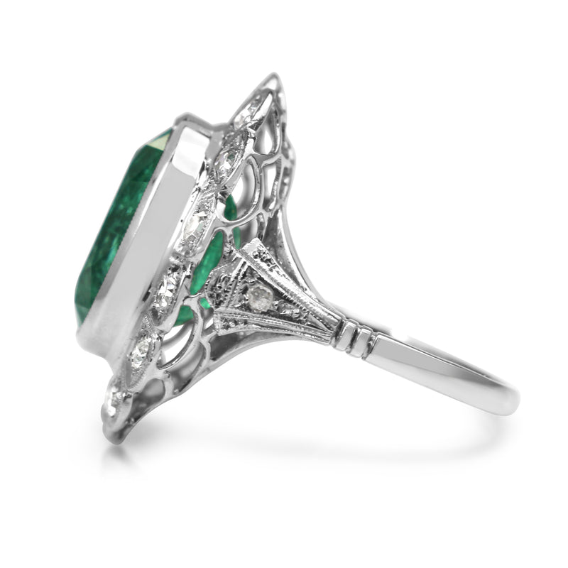 Platinum Art Deco Old Cut Diamond and Emerald Cluster Ring