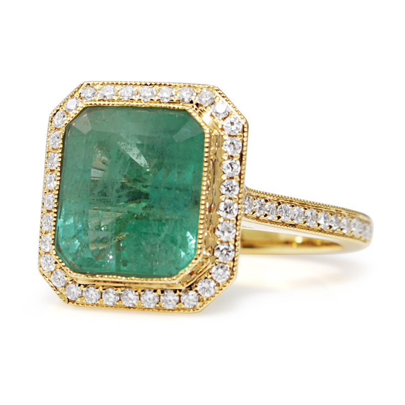 18ct Yellow Gold Emerald and Diamond Halo Ring