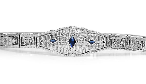 10ct White Gold Art Deco Synthetic Sapphire Filigree Bracelet