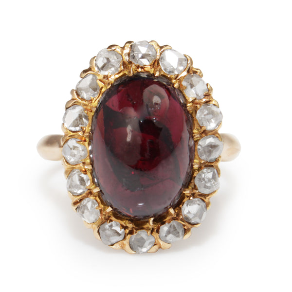 18ct Yellow Gold Antique Cabochon Garnet and Rose Cut Diamond Ring
