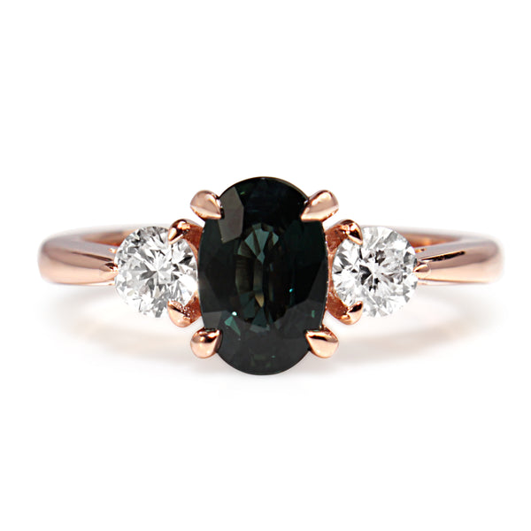 18ct Rose Gold Green / Blue Sapphire and Diamond 3 Stone Ring