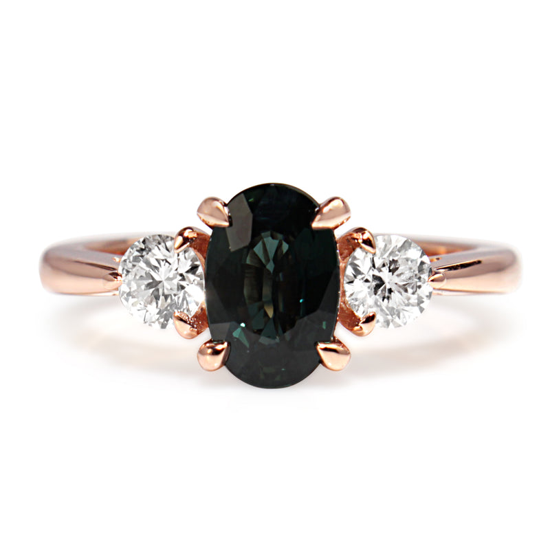 18ct Rose Gold Green / Blue Sapphire and Diamond 3 Stone Ring