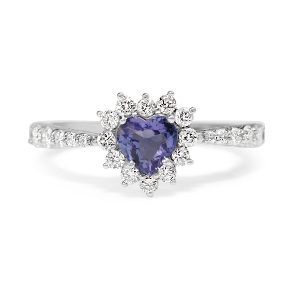 18ct White Gold Tanzanite and Diamond Heart Halo Ring