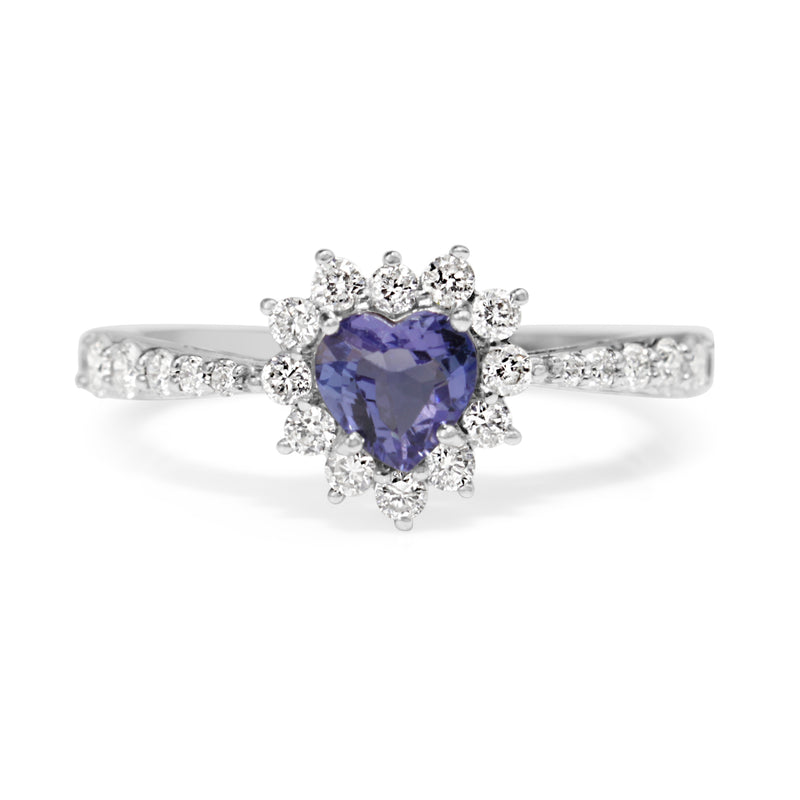 18ct White Gold Tanzanite and Diamond Heart Halo Ring