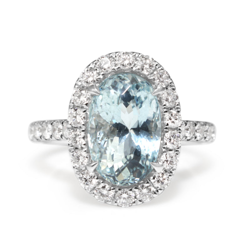 18ct White Gold Aquamarine and Diamond Halo Ring