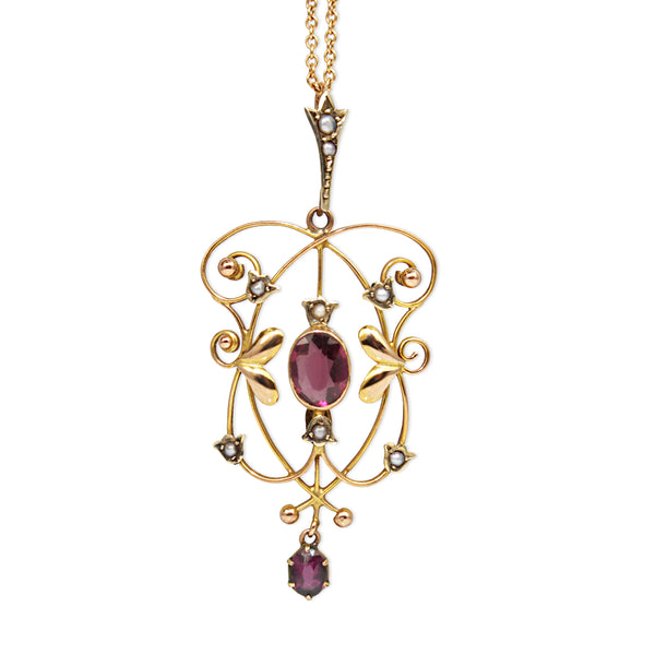 9ct Yellow Gold Antique Garnet and Pearl Pendant