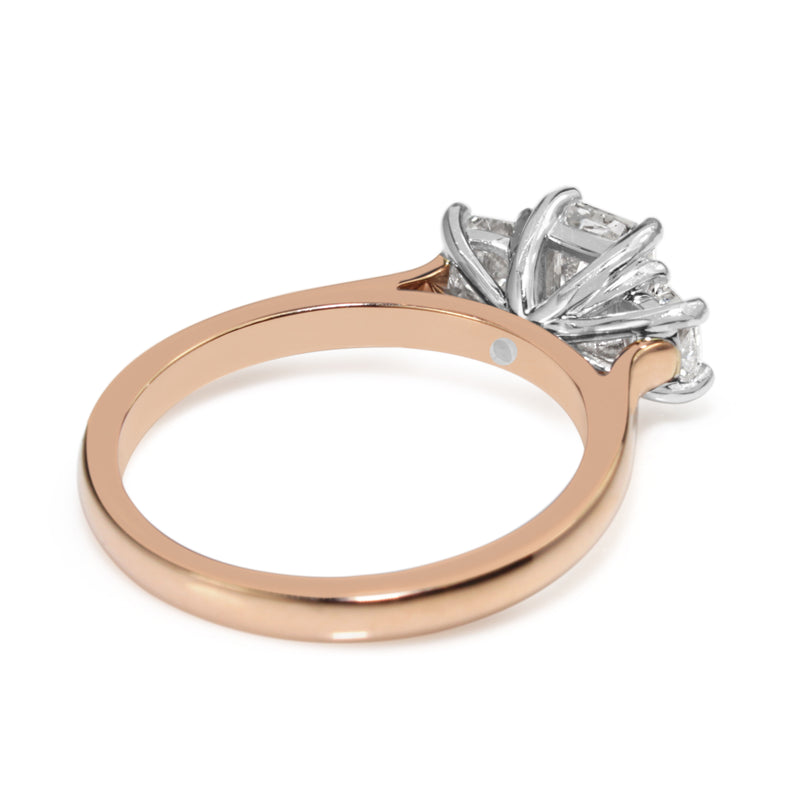 18ct Rose and White Gold Radiant and Cushion Cut 3 Stone Diamond Ring